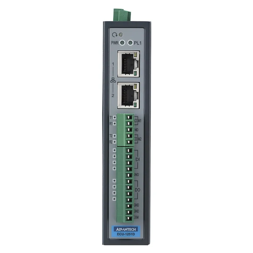 Mặt trước gateway Advantech ECU-1251D với hàng cầu đấu màu xanh cho cổng COM1, COM2, DI và DO