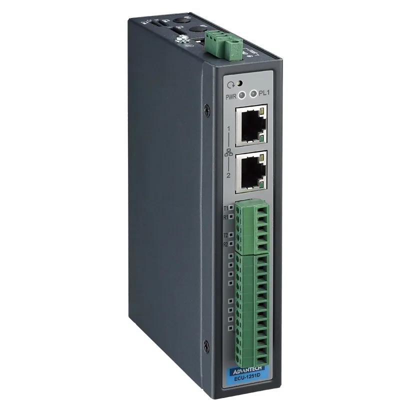 Gateway công nghiệp Advantech ECU-1251D vỏ xám đen gắn thanh DIN, 2 cổng LAN và cầu đấu cho cổng COM, DI, DO