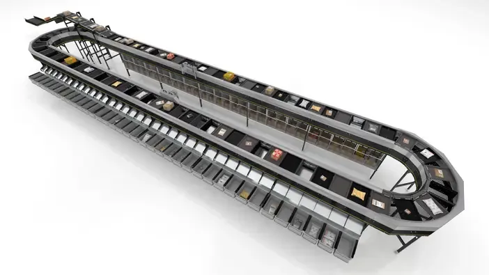 Hệ thống phân loại split tray Interroll MT-S nhìn từ trên cao, vòng băng dài hai bên là các máng đổ, trên khay có kiện hàng nhỏ