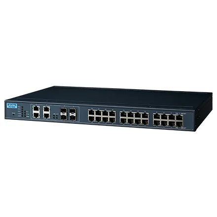 Switch công nghiệp Advantech EKI-7428G-4CPI dạng rack 1U, 24 cổng RJ45 PoE và 4 cổng combo SFP ở mặt trước