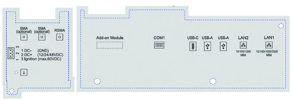 Sơ đồ mặt sau Advantech DLT-V73: đầu nguồn ba chân DC-, DC+ 12/24/48 VDC và Ignition, các cổng COM1, USB-C, USB-A, LAN1, LAN2 và khe module mở rộng